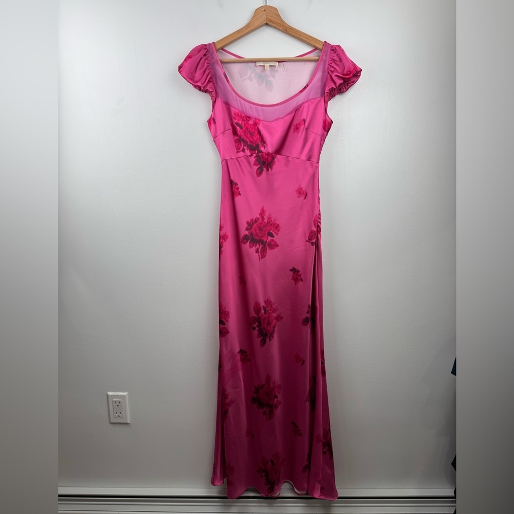 LoveShackFancy Fuchsia Pink Floral Satin Maxi Dress